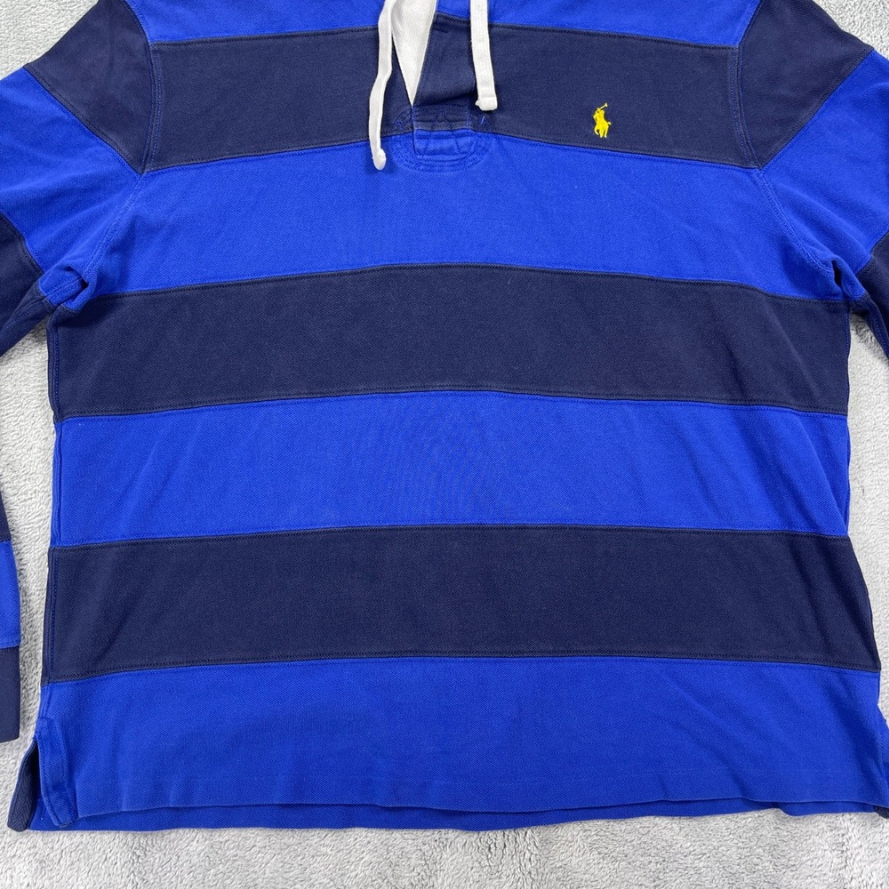 Polo Ralph Lauren Rugby Hoodie Mens XL Blue Striped Long Sleeve Polo Shirt Y2K - Picture 4 of 12